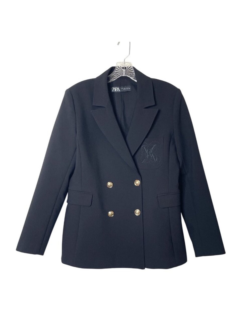 Zara Logo Black Double-Breasted Blazer Gold Buttons & Embroidered Pocket Size L